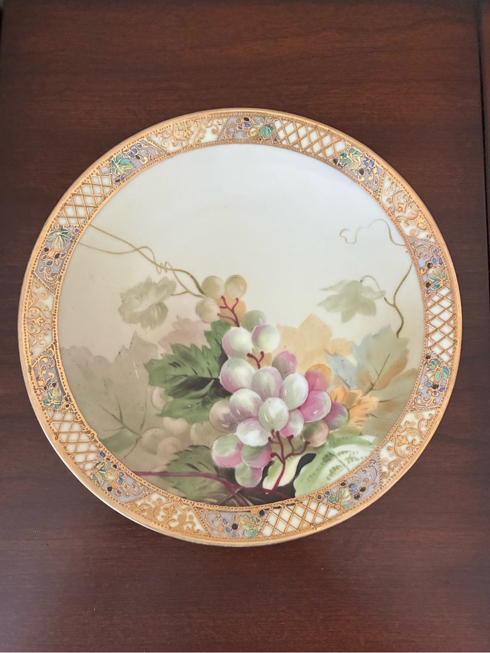 Nippon Hand Painted Floral Grape Decorative Plate with Gold Latticework